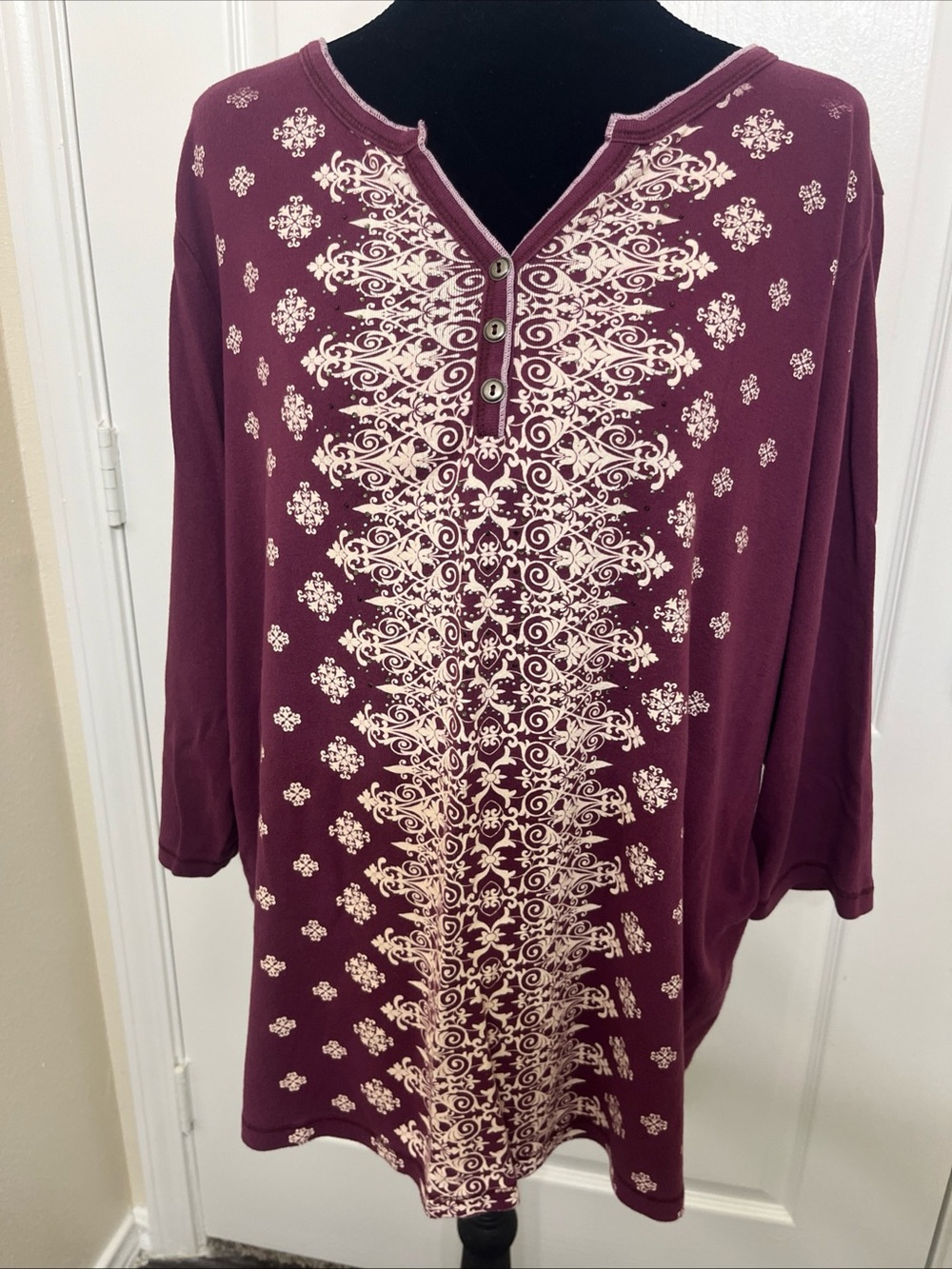 CJ Banks Center-Panel Henley Tunic in Burgundy and Cream Shine